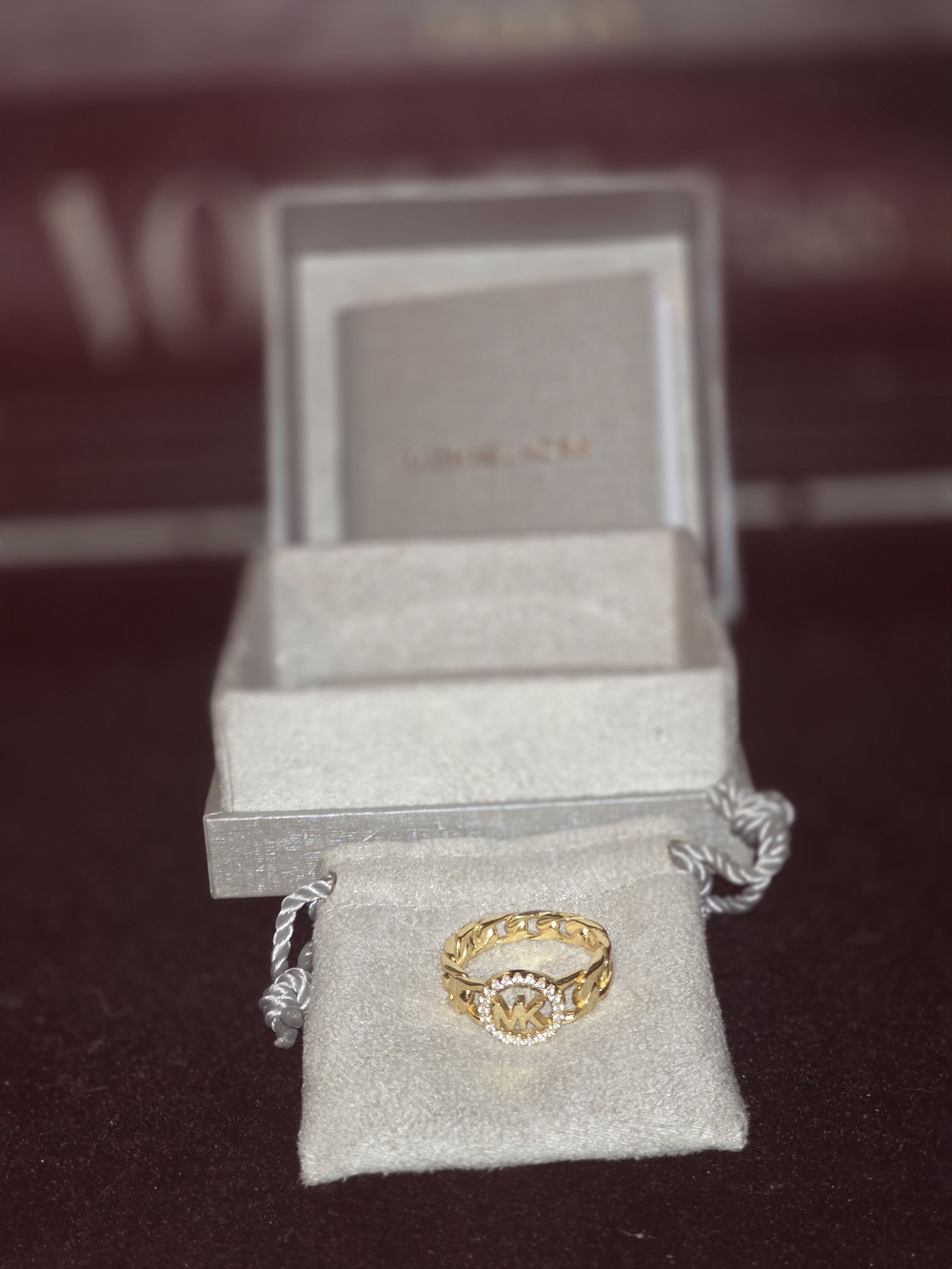 Michael Kors Gold Chain-Link MK Logo Ring with Pave Halo